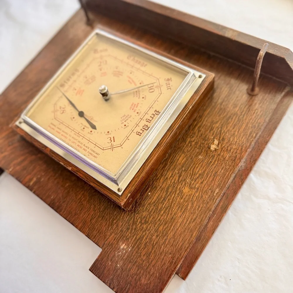 SB British Made Vintage Wooden Wall Clock Barometer w Key Hooks Hangers